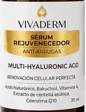 Etiqueta del frasco de Vivaderm con los cinco activos y 30 ml